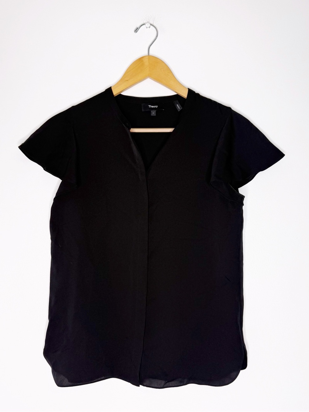 Theory Black Silk Hidden Button Blouse Size P XXS